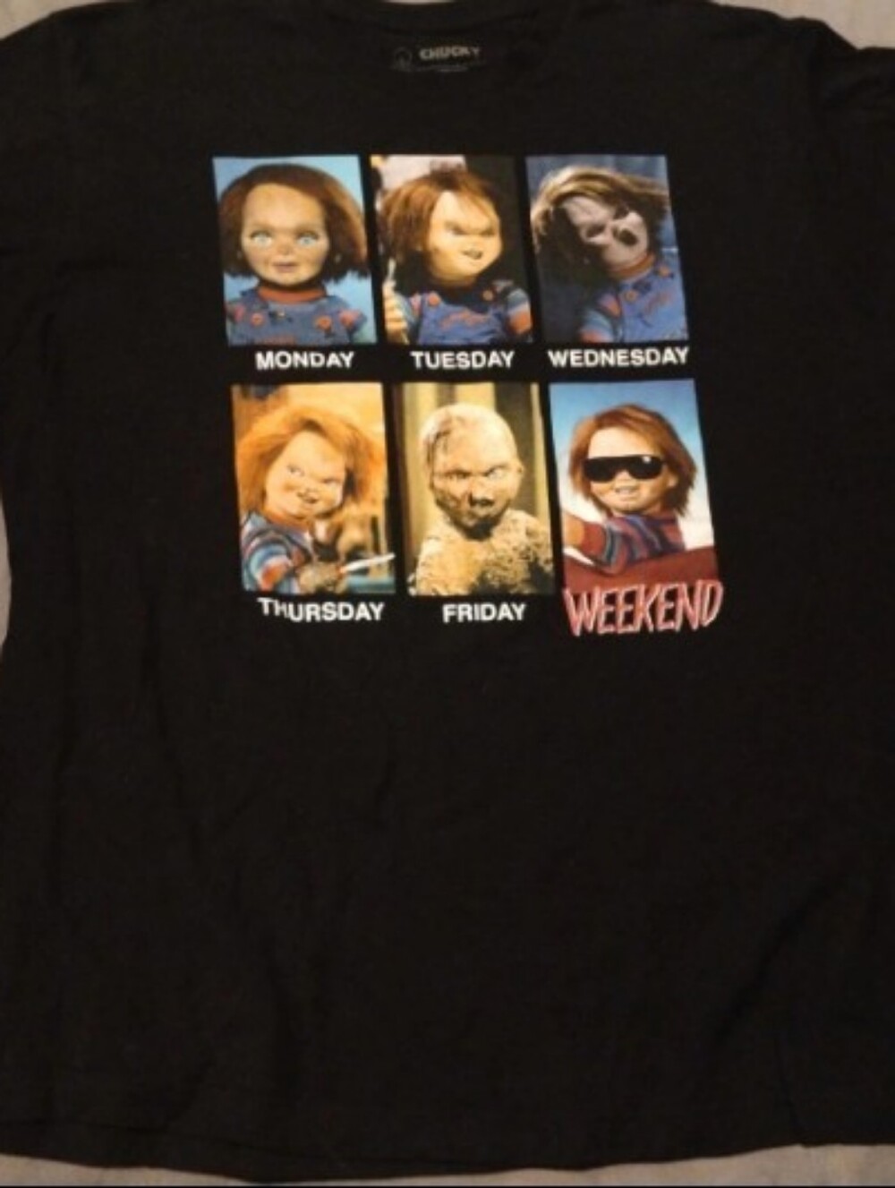 Chucky Days of the Week Meme Black Graphic Tee Shirt Horror Movie Men's - XL